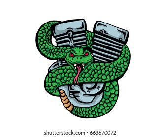 Vintage Tattoo Art Illustration - Poison Rattle Snake And Motorcycle Engine