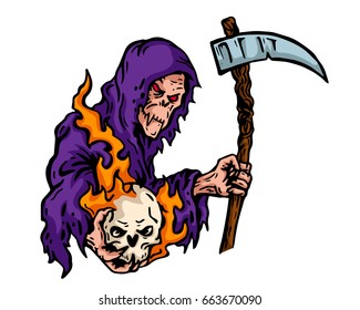 Vintage Tattoo Art Illustration - Scary Grin Reaper Holding A Flaming Skull