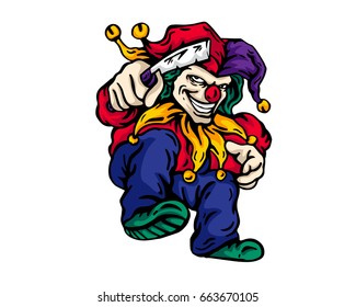 Vintage Tattoo Art Illustration - Scary Clown Character Holding A Knife