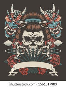 Vintage tattoo colorful template with geisha skull demon masks crossbones medieval daggers roses on dark background isolated vector illustration