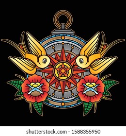 vintage tattoo compass design, vector EPS 10