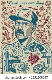 Vintage Tattoo Composition With Mustached Latino Man In Baseball Cap Weapon Tattoo Machine Animals Anchor Flowers Heart Dice Crown Daggers Skull Barber Pole Bone Razor Elements Vector Illustration