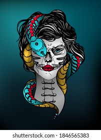 Vintage tattoo concept with girl skull and poisonous snake. Skeleton head woman with day of dead makeup. Poster for Dia De Los Muertos or mexican festival. Design for print. Vector stock illustration.