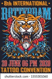 Vintage tattoo convention colorful poster with angry tiger head in fire crossed tattoo machines brass knuckles vector illustration