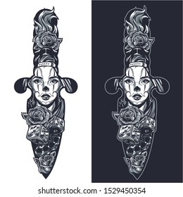 Vintage tattoo in dagger shape concept with beautiful chicano girl face roses dice brass knuckles in monochrome style isolated vector illustration