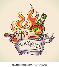 Vintage tattoo design with aces, dagger, rum, flame and banner. Editable vector illustration.