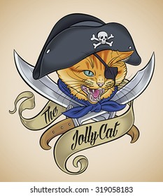 Vintage tattoo design of a cat's head, which wears a pirate hat, crossed with two blades and wrapped with a banner. Editable vector illustration.