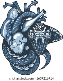 Vintage tattoo design with cobra and crown covering a human heart.