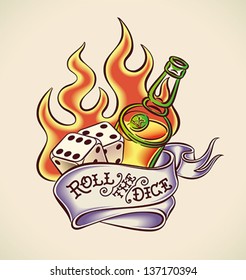 Vintage tattoo design with dice, rum, flame and banner. Editable vector illustration.