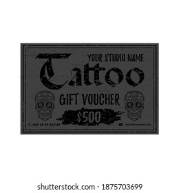 Vintage Tattoo gift voucher template. Grey grunge gift card with sugar rskulls. Vector illustration.