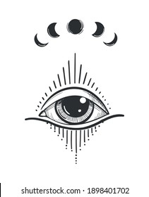 Vintage tattoo with luminous all-seeing eye, mystical symbol, boho design. Hand drawing isolated on white background, sacred geometry, foresight and magic. Vector illustration