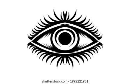 Vintage tattoo with luminous all-seeing eye, mystical symbol, boho design. Hand drawing isolated on white background, sacred geometry, foresight and magic. Vector illustration