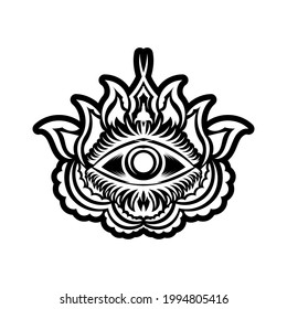 Vintage tattoo with luminous all-seeing eye, mystical symbol, boho design. Hand drawing isolated on white background, sacred geometry, foresight and magic. Vector illustration