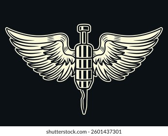 Vintage tattoo machine needle with wings vector illustration. Classic dark on black style element for tattoo studios, artists, and ink lovers
