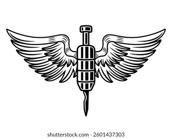 Vintage tattoo machine needle with wings vector illustration. Classic monochrome style emblem element for tattoo studios, artists, and ink lovers