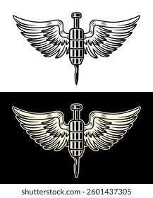 Vintage tattoo machine needle with wings vector illustration. Classic style element in two styles for tattoo studios, artists, and ink lovers