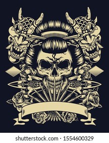 Vintage tattoo monochrome concept with geisha skull devil masks daggers crossbones and roses isolated vector illustration