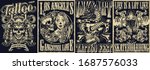 Vintage tattoo monochrome posters set with inscriptions snake entwined with skull crossbones skull in samurai helmet chicano girls and skeleton hands holding skateboard vector illustration