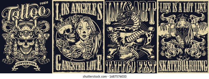 Afiches monocromos de tatuajes vintage con inscripciones serpiente entrelazado con cráneo de cráneo cruzado en el casco de Samurai chicas chicanas y manos esqueléticas sosteniendo ilustración vectorial de skateboard