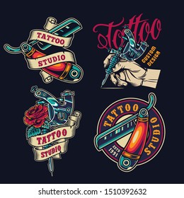 Vintage tattoo salon colorful emblems with straight razors male hand holding tattoo machine rose flower isolated vector illustration