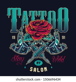 Vintage tattoo salon logotype with beautiful rose flower and crossed tattoo machines isolated vector illustration