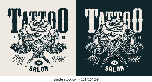 Vintage Tattoo Salon Monochrome Logo With Beautiful Rose And Crossed Tattoo Machines Isolated Vector Illustration