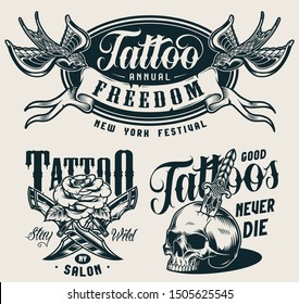 Vintage tattoo salon monochrome prints with crossed military knives rose skull pierced with dagger swallows keep ribbon with Freedom inscription isolated vector illustration