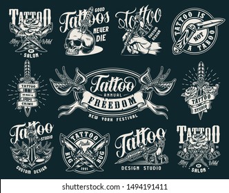 Vintage tattoo salon prints with hand holding tattoo machine military and pocket knives skull pierced with dagger anchor rose flying swallows holding ribbon isolated vector illustration