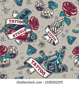 Vintage tattoo seamless pattern with dice diamond ribbon around tattoo machine straight razor and skeleton hand holding rose vector illustration