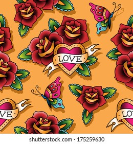 Vintage tattoo seamless pattern for st.Valentines day 