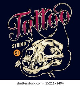 Vintage tattoo studio colorful badge with cat skull on black background isolated vector illustration
