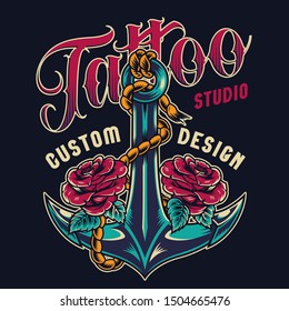 Vintage tattoo studio colorful label with roses and rope around ship anchor isolated vector illustration