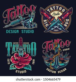 Vintage tattoo studio colorful labels with crossed military knives tattoo machine rose pierced with dagger swallows flying near anchor isolated vector illustration