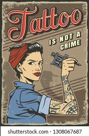 Vintage tattoo studio colorful poster with pin up attractive tattooist woman holding tattoo machine vector illustration