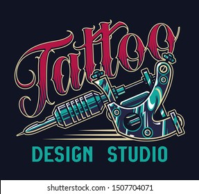 Vintage tattoo studio colorful print with professional tattoo machine on dark background isolated vector illustration