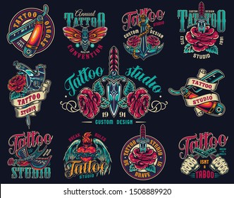 Vintage tattoo studio colorful prints with straight razors butterfly roses anchor daggers tattoo machines swallors fiery heart in barbed wire with angel wings isolated vector illustration