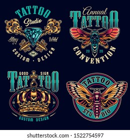 Vintage tattoo studio colorful prints with crossed antique filigree keys diamond ornate royal crown death head moth and butterfly isolated vector illustration