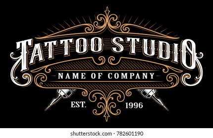 Vintage tattoo studio emblem. Tattoo lettering, logo template, shirt graphic. Text is on the separate layer. (version for dark background)