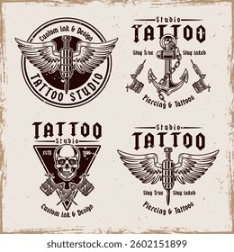 Vintage tattoo studio emblem set with classic elements like tattoo machines, anchors, skulls, and needles. Monochrome vector illustrations for labels, badges, prints, and branding