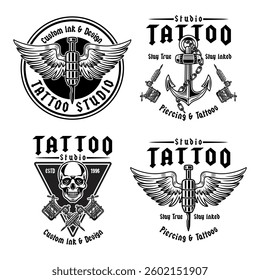 Vintage tattoo studio emblem set with classic elements like tattoo machines, anchors, skulls, and needles. Monochrome vector illustrations for labels, badges, prints, and branding