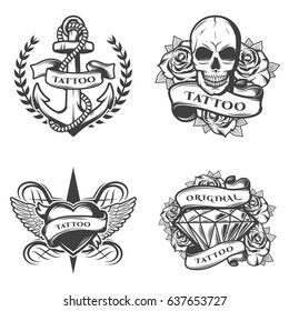 Vintage tattoo studio emblems set with anchor rope skull roses heart diamond in monochrome style isolated vector illustration