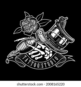 Vintage tattoo studio with hand skull and rose, Tattoo machine, Vector Template, Design element for logo, poster, card, banner, emblem, t shirt. Vector illustration