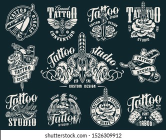 Vintage tattoo studio labels with rose pierced with dagger tattoo machine flying swallow butterfly straight razors anchor fiery heart in barbed wire with angel wings isolated vector illustration