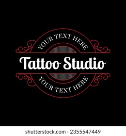 Vintage tattoo studio lettering logo with decorative ornamental frame. - Vector.