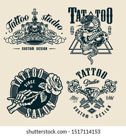 Vintage tattoo studio monochrome badges with ornate royal crown skeleton hand holding rose crossed antique elegant keys diamond snake entwined with skull isolated vector illustration