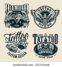 Vintage tattoo studio monochrome badges with butterfly dice royal crown diamond with angel wings isolated vector illustration