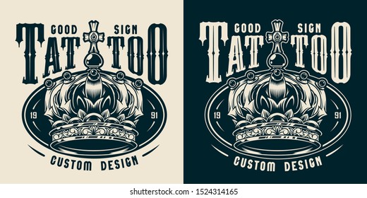 Vintage tattoo studio monochrome emblem with royal ornate crown isolated vector illustration