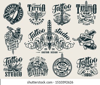 Vintage tattoo studio monochrome emblems with hands holding razors anchor butterfly rose pierced with dagger tattoo machine swallow fiery heart with angel wings isolated vector illustration