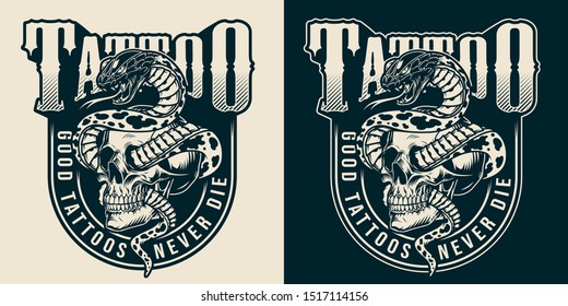 Vintage tattoo studio monochrome label with snake entwined with skull isolated vector illustration