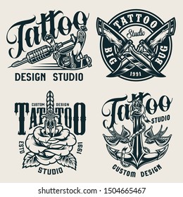 Vintage tattoo studio monochrome labels with tattoo machine crossed military knives anchor flying swallows rose pierced with knife isolated vector illustration